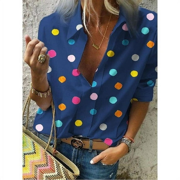 Women's Polka Dot Print V-neck Long-sleeved Slim Shirt Women