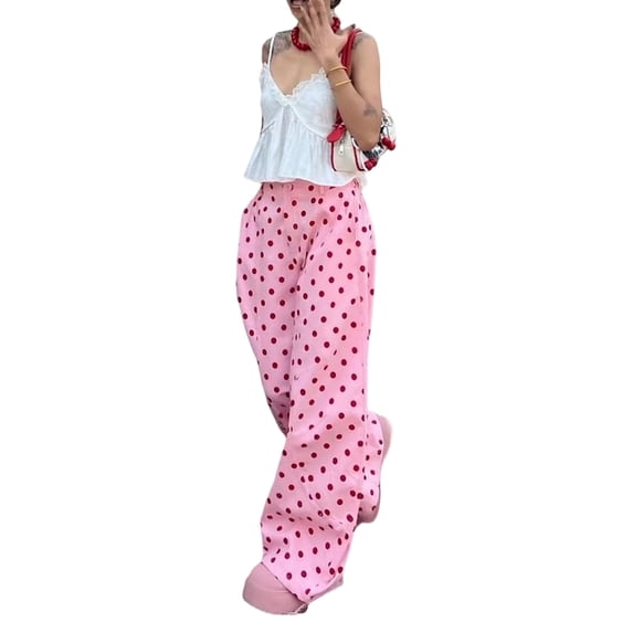 Women's Polka Dot Print Wide Leg Pants Pink L