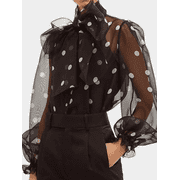 Womens Polka Dot Printed Blouse Vintage Tie Neck Chiffon Shirt Ruffle Long Sleeve Sheer Mesh Tops