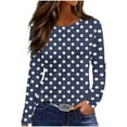 thumbnail image 1 of Women's Polka Dot Printed Tops Long Sleeve Graphic Tee Shirts Loose Fit Vintage Casual Round Neck Tshirts (L, Dark Blue), 1 of 4