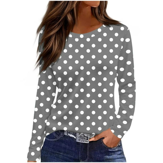 Women's Polka Dot Printed Tops Long Sleeve Graphic Tee Shirts Loose Fit Vintage Casual Round Neck Tshirts (M, Gray)