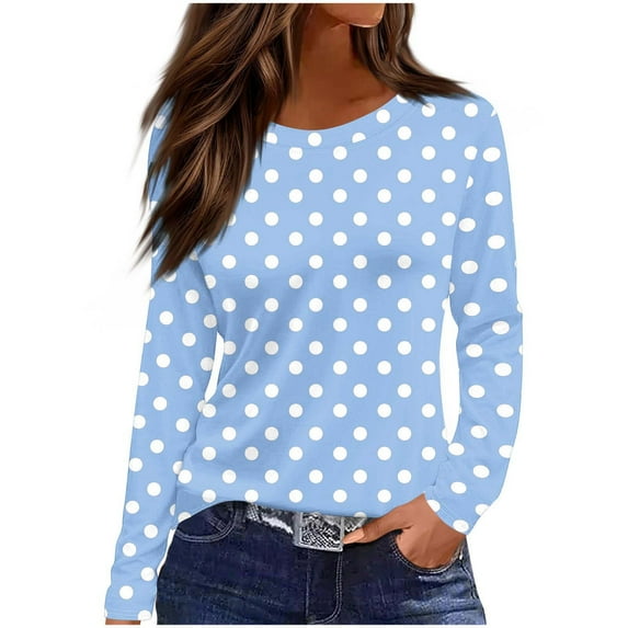 Women's Polka Dot Printed Tops Long Sleeve Graphic Tee Shirts Loose Fit Vintage Casual Round Neck Tshirts (XL, Light Blue)
