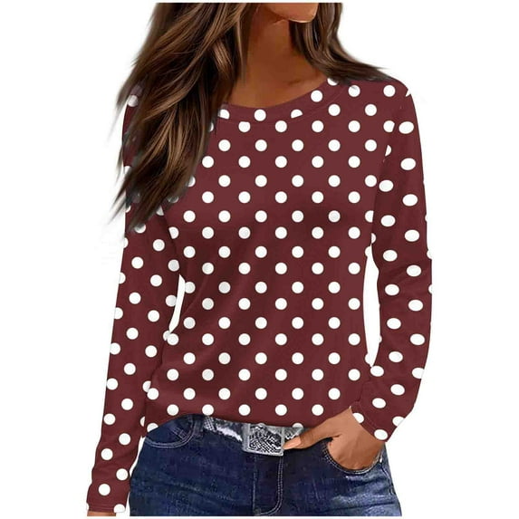 Women's Polka Dot Printed Tops Long Sleeve Graphic Tee Shirts Loose Fit Vintage Casual Round Neck Tshirts (XL, Wine)
