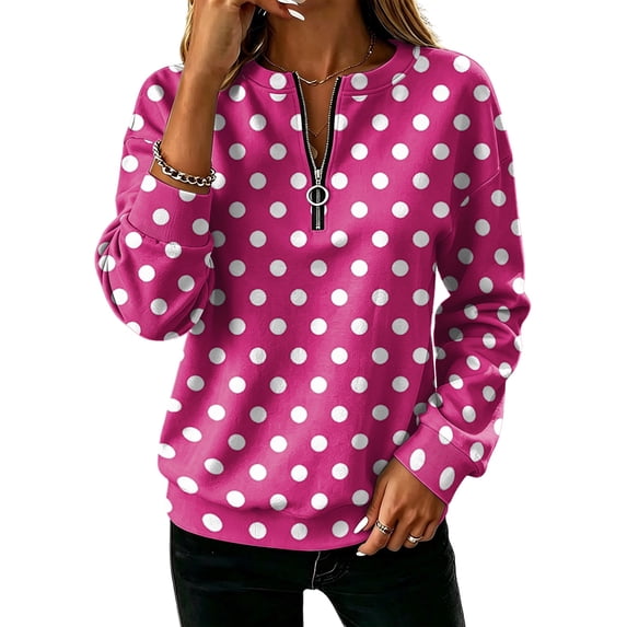 Women's Polka Dot Quarter Zip Sweatshirt Long Sleeve Casual Pullover Top for Fall Soft Relaxed Fit Sweatshirt
