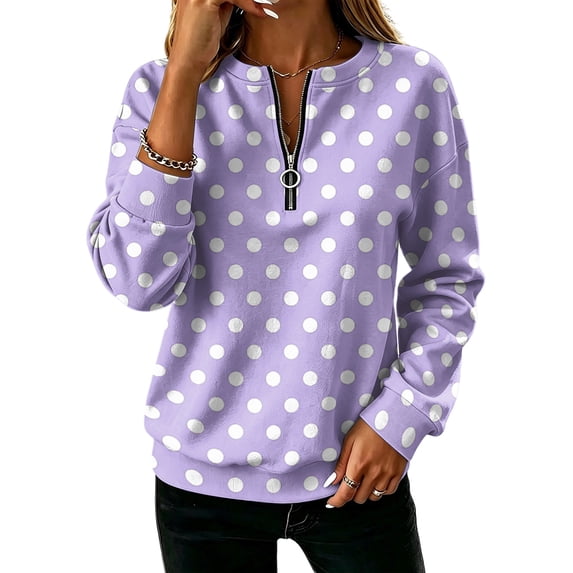 Women's Polka Dot Quarter Zip Sweatshirt Long Sleeve Casual Pullover Top for Fall Soft Relaxed Fit Sweatshirt