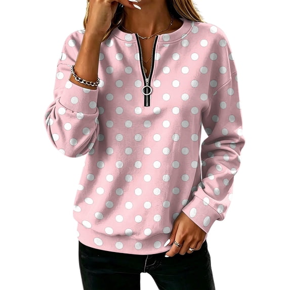 Women's Polka Dot Quarter Zip Sweatshirt Long Sleeve Casual Pullover Top for Fall Soft Relaxed Fit Sweatshirt