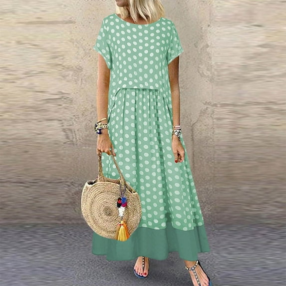 Women's Polka Dot Round Neck Short Sleeve Linen Maxi Dress Casual Summer Dress with Shawl Plus Size Lightweight Comfortable Daily Wear