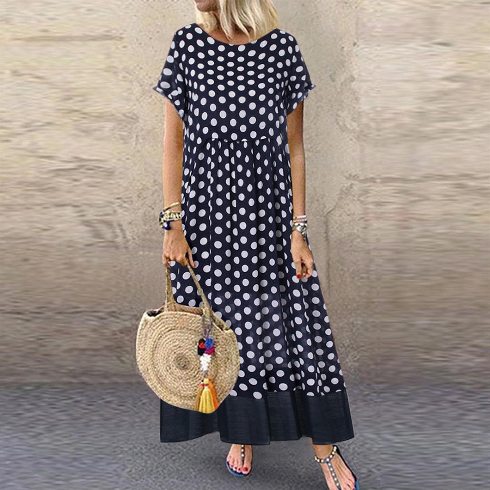 Women's Polka Dot Round Neck Short Sleeve Linen Maxi Dress Casual Summer  Dress with Shawl Plus Size Lightweight Comfortable Daily Wear - Walmart.com