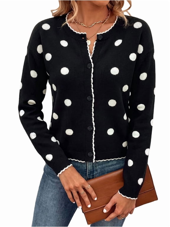 Women's Polka-Dot Scalloped Trim Round Neck Button-Down Cropped Knit Cardigan Black S