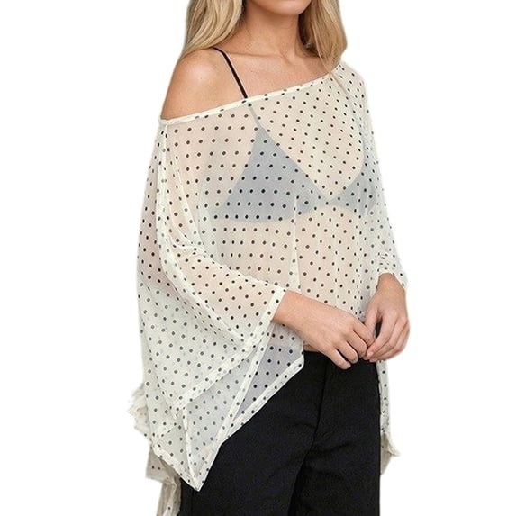 Women's Polka Dot Sheer Mesh Asymmetrical Off Shoulder Top Color S