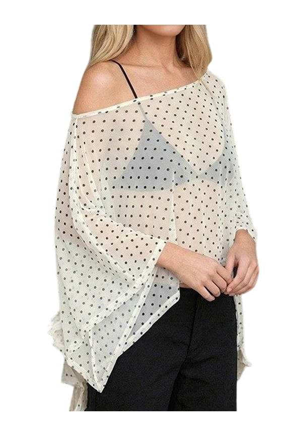 Women's Polka Dot Sheer Mesh Asymmetrical Off Shoulder Top Color S