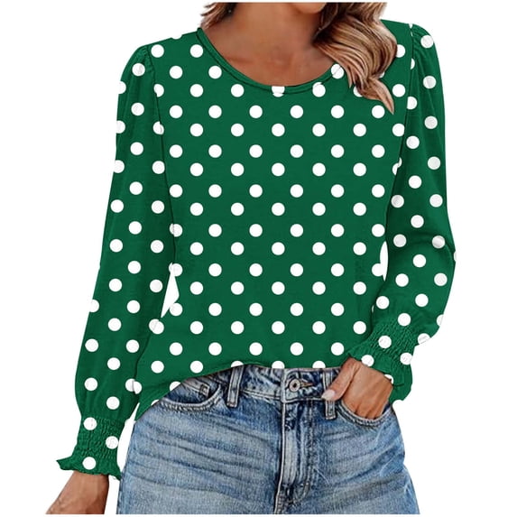 Women's Polka Dot Shirts Long Sleeve Crew Neck Tops Basic Loose Fit Blouses Soft Breathable Outfits Classic Lightweight Pullover Dressy Casual Fall Tops