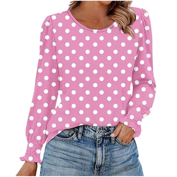 Women's Polka Dot Shirts Long Sleeve Crew Neck Tops Basic Loose Fit Blouses Soft Breathable Outfits Classic Lightweight Pullover Dressy Casual Fall Tops