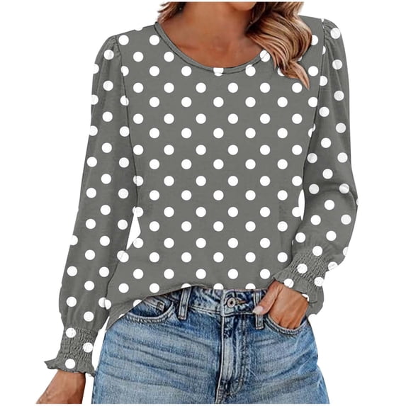 Women's Polka Dot Shirts Long Sleeve Crew Neck Tops Basic Loose Fit Blouses Soft Breathable Outfits Classic Lightweight Pullover Dressy Casual Fall Tops