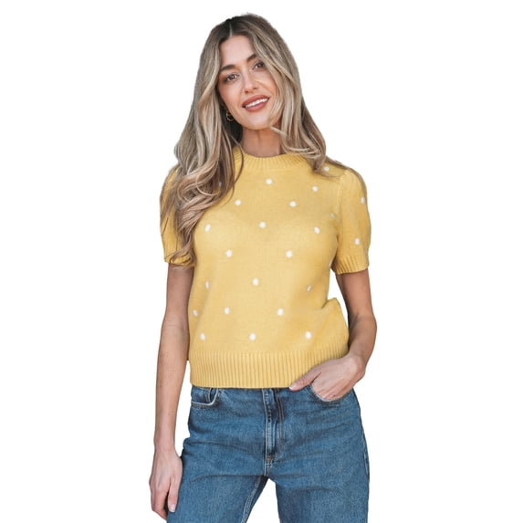 Women's Polka Dot Short Sleeve Sweater – Yellow Cream Knit Round Neck Casual Top, XL