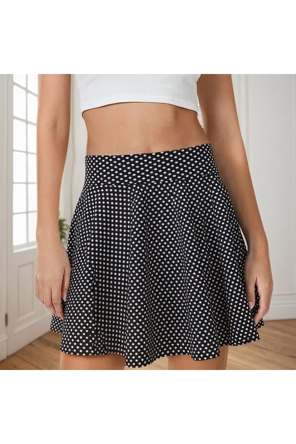 Women's Polka Dot Skirt Basic Versatile Stretch Bell Bottom Casual Black M