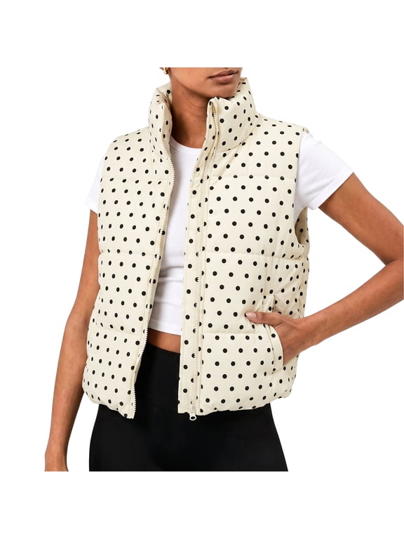 Women's Polka Dot Sleeveless Puffer Vest Casual Stand Collar Cropped Gilet Outerwear with Pockets