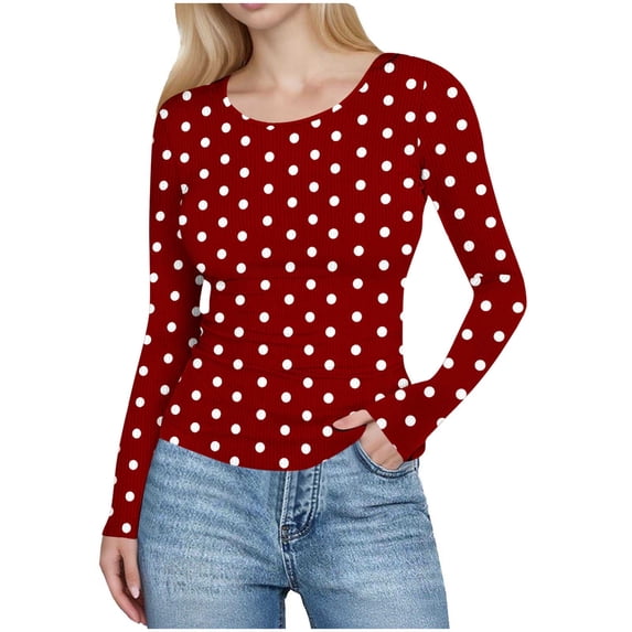 Women’s Polka Dot Slim Tops, Round Neck Pullover T-Shirt, Fall Long Sleeve Comfy Blouses