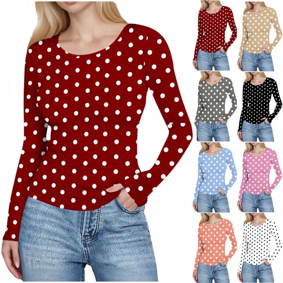 Women’s Polka Dot Slim Tops, Round Neck Pullover T-Shirt, Fall Long Sleeve Comfy Blouses