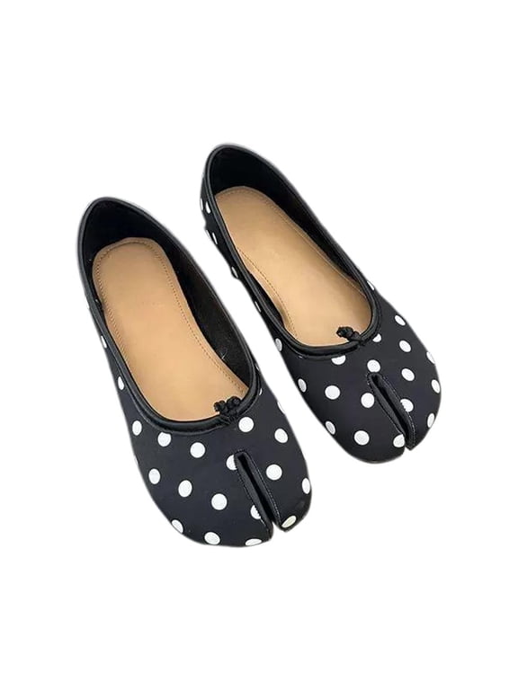 Women’s Polka-Dot Split-Toe Ballet Flats, EU Size 38, Split-Toe Front, Microfiber PU and Flexible Sole, Retro Polka-Dot Upper, Black