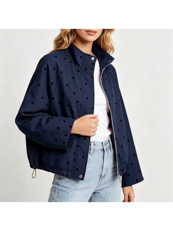 Women's Polka Dot Stand Collar Jacket Long Sleeve Zip Up Drawstring Hem Casual Windbreaker for Spring Fall Daily Wear Navy XL