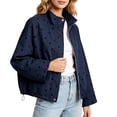 thumbnail image 1 of Women's Polka Dot Stand Collar Jacket Zip Up Long Sleeve Cropped Windbreaker Coat Drawstring Hem Lightweight Fall Street Outerwear Navy, 1 of 7