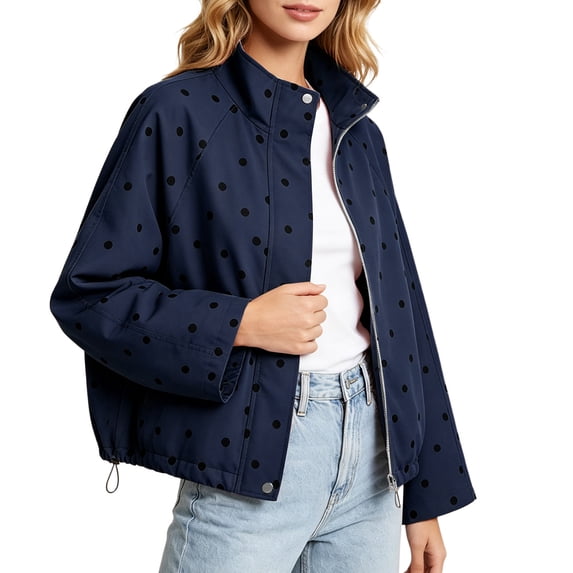 Women's Polka Dot Stand Collar Jacket Zip Up Long Sleeve Cropped Windbreaker Coat Drawstring Hem Lightweight Fall Street Outerwear Navy