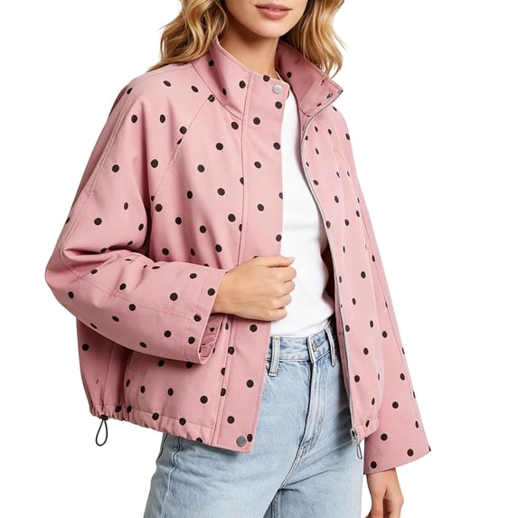 Women's Polka Dot Stand Collar Jacket Zip Up Long Sleeve Cropped Windbreaker Coat Drawstring Hem Lightweight Fall Street Outerwear Pink