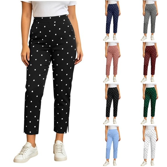 Women's Polka Dot Stretch Casual Pants Elastic High Waist Stright Leg Cropped Trousers with Pockets Yoga Workout Pants Streetwear White