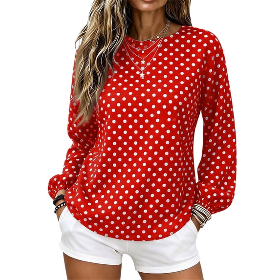 Women's Polka Dot Sweatshirt Long Sleeve Crewneck Casual Pullover Curved Hem Relaxed Fit Fall Top