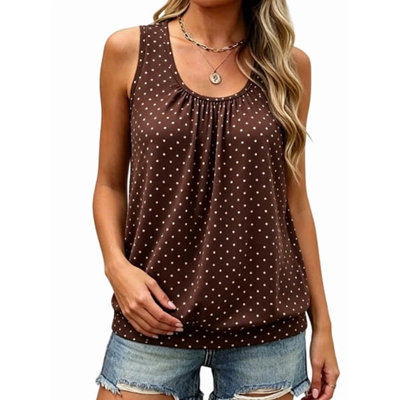 Women's Polka Dot Tank Tops Sleeveless Loose Fit Pleated Tunics Crewneck Summer Vacation Outfits Dark Brown XXL