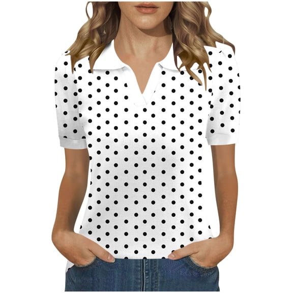 Women's Polka Dot Top Casual Collar Blouse Short Sleeve Tops Spring Summer Clothes White