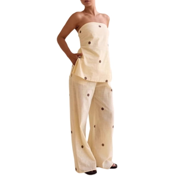 Women’s Polka Dot Tube Top and Wide Leg Pants 2 Piece Casual Outfit Set