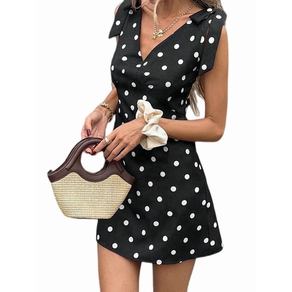 Women's Polka Dot V-Neck Shoulder Detail Sleeveless Mini Dress Black S