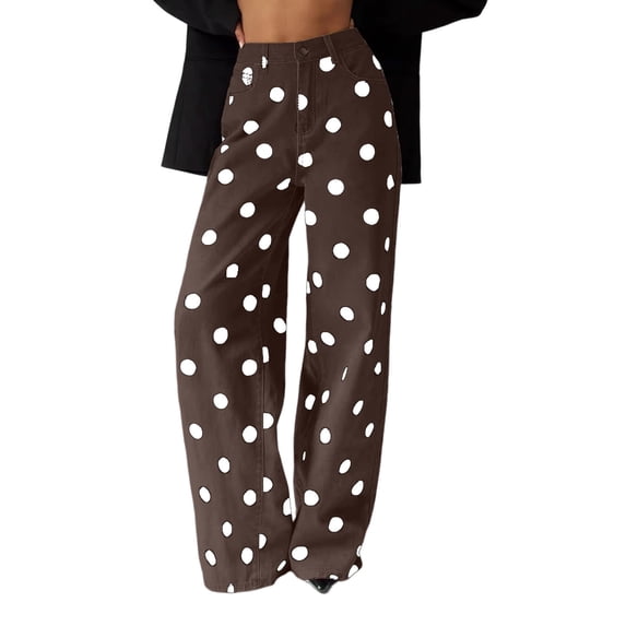 Women's Polka Dot Wide Leg Jeans High Waist Button Casual Loose Fit Trendy Extra Long Denim Pants (2XL, Brown)