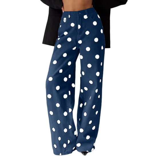 VALMASS Women's Polka Dot Wide Leg Jeans High Waist Button Casual Loose Fit Trendy Extra Long Denim Pants (2XL, Sky Blue)