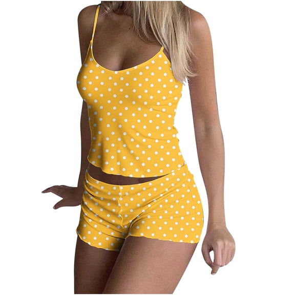 Women's Polka Dots 2 Piece Outfit Spaghetti Strap Sleeveless Crop Top Camisole and Shorts Pajamas Set Sleepwear Nightwear