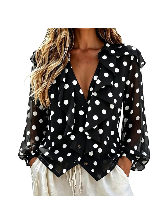 Women's Polka Dots Blouses Ruffle Long Sleeve Business Office Work Shirts Elegant V Neck Button Down Ruffle Tops, Casual Dressy Shirt, Soft Lightweight Flowy Tunic Shirt Daily Travel Outfits