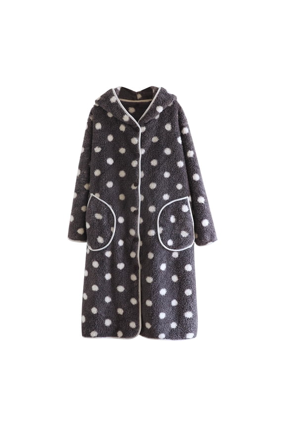 Women's Polka Dots Flannel Nightgown Fuzzy Fleece Loose Button Down Cardigan Plush Warm Winter Bathrobe with Pockets