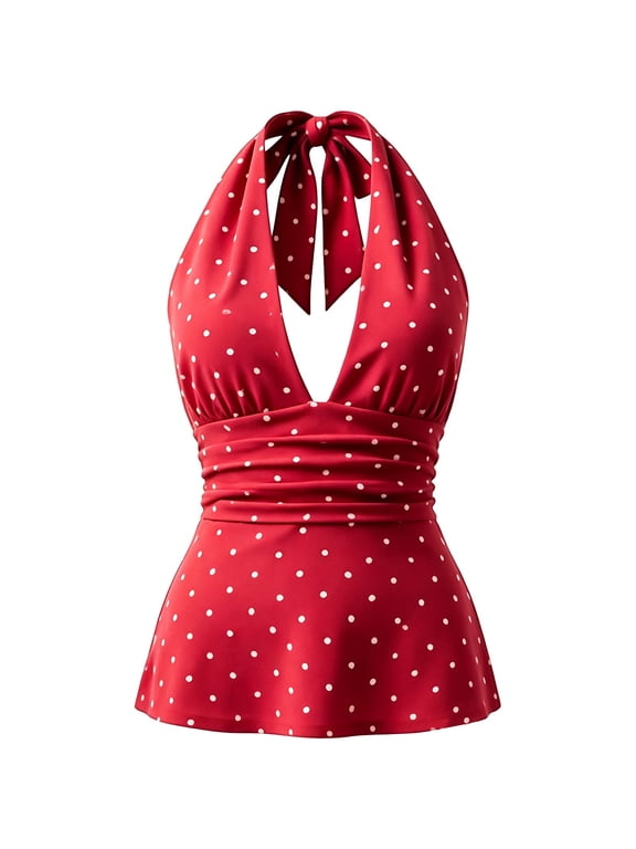 Women's Polka Dots Halter Top Tie Backless Sleeveless V Neck Ruffle Hem Peplum Tank Fashion Comfort Summer Casual Tops by Awwp Red M