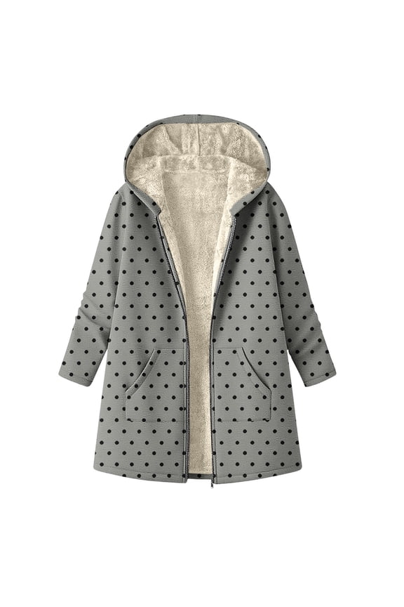 Women's Polka Dots Jacket, Fleece Lined Hooded Coat, Windbreaker Quilted Puffer Coat, Winter Snow Warm Overcoat Casual Long Sleeve Outwear(Gray,M)