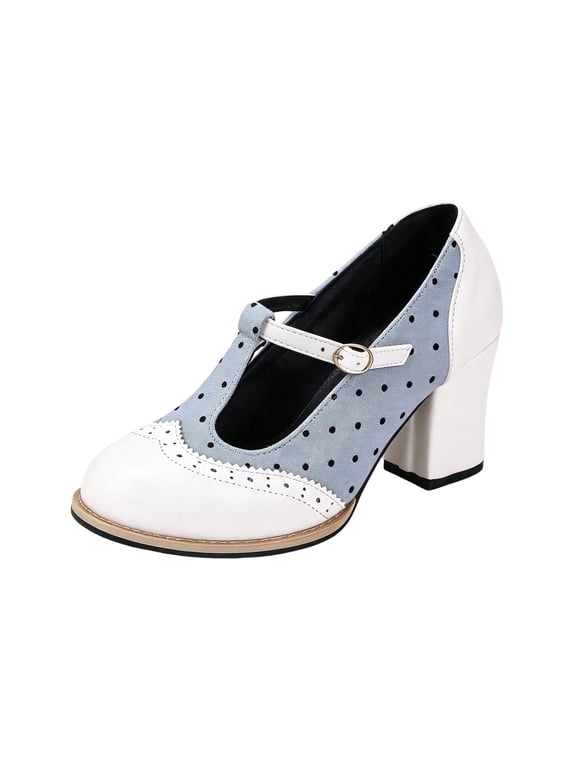 Women's Polka Dots Mary Jane High Heels, Chunky-Heeled Dress Shoes | Round Toe,Two-Tone Design, Vintage High Heels; Lolita-Style Oxford Dress Shoes, for the Office, Parties, Weddings,White 10
