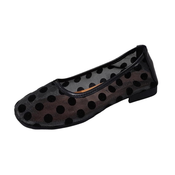 Women's Polka Dots Mesh Ballet Flats Square Toe Ballerina Flats Closed Toe Comfortable Casual Work Shoes Black 8.5(41)