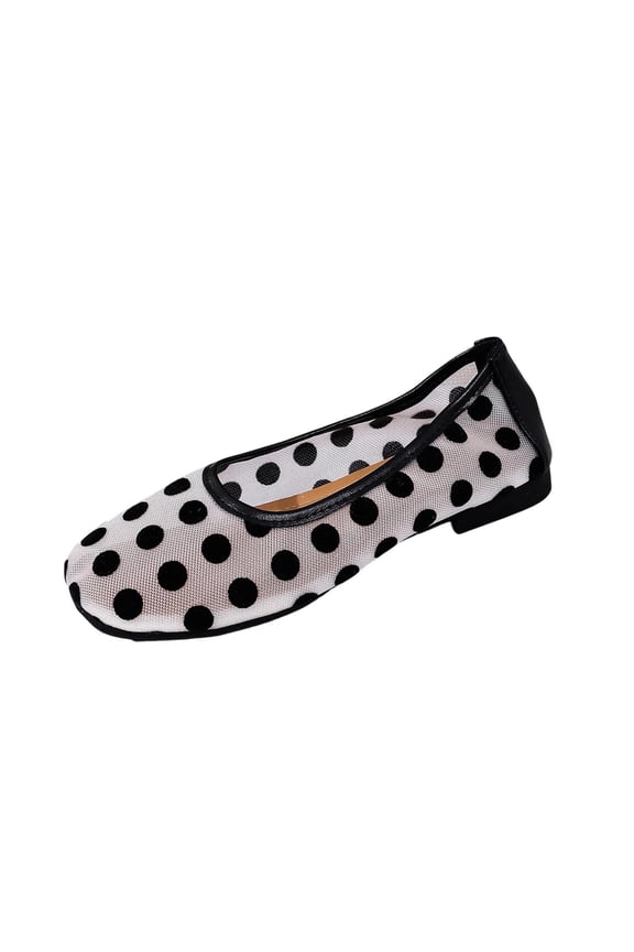 Women's Polka Dots Mesh Ballet Flats Square Toe Ballerina Flats Closed Toe Comfortable Casual Work Shoes White 8.5(41)