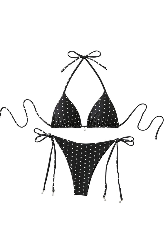 Women's Polka Dots Print Bathing Suit Halter Triangle Tie Side Bikini Sets Two Piece Swimsuit (Black,L)