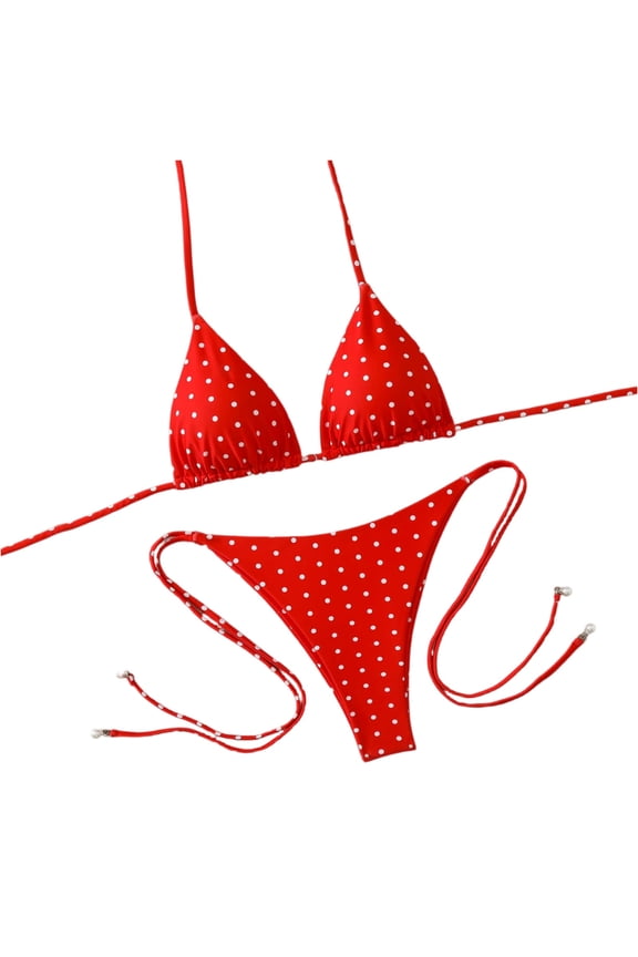 Women's Polka Dots Print Bathing Suit Halter Triangle Tie Side Bikini Sets Two Piece Swimsuit (Red,S)