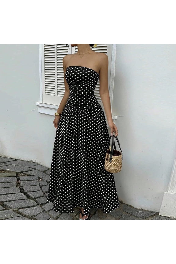 Women's Polka Dots Strapless Dress Elegant Ruched Bodycon Maxi Flowy Dresses