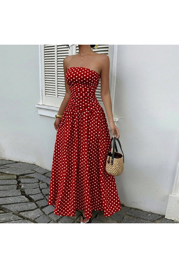 Women's Polka Dots Strapless Ruffle Tube Dress Ruched Sleeveless Maxi Swing Flowy Dresses