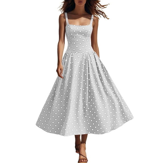 Women's Polka Dots Summer Vacation Maxi Dress, Elegant Square Neck Sleeveless Swing Cocktail Wedding Guest Dresses