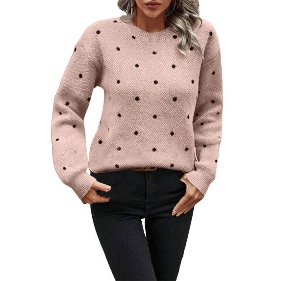 Women's Polka Dots Sweaters Long Sleeve Round Neck Knitted Pullover Tops